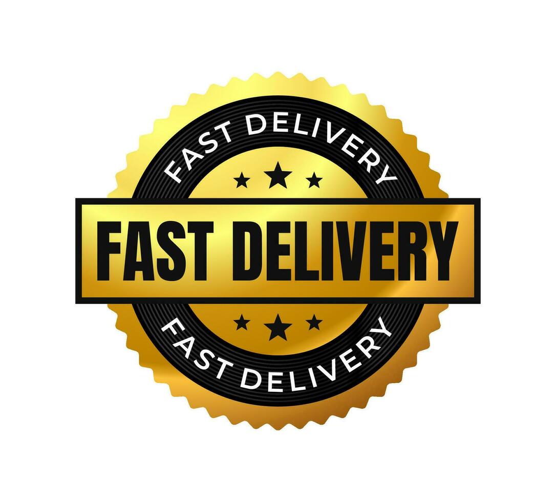 Fast delivery gold circular label badge isolated on white. Vector Illustration