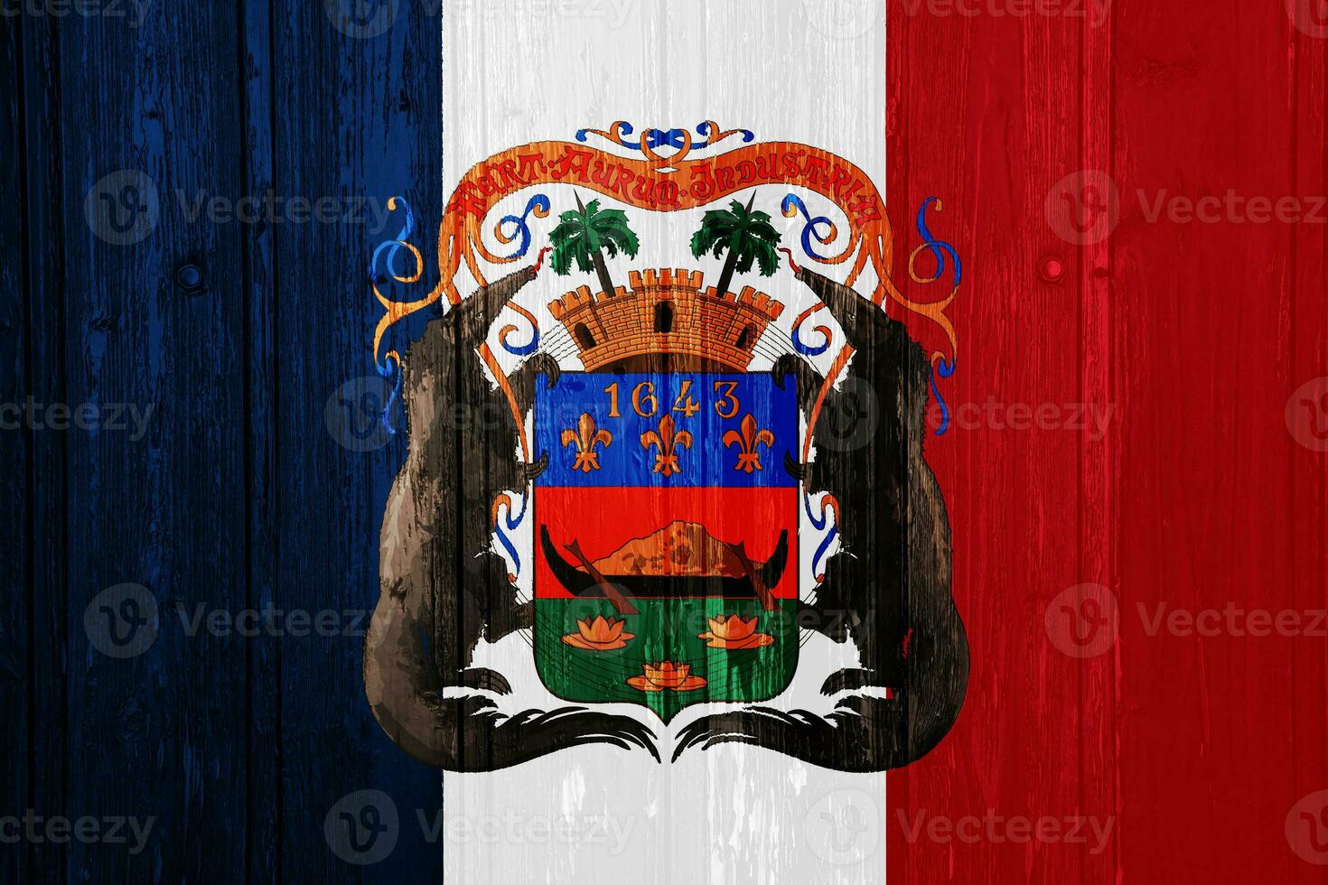 Flag and coat of arms of Guiana department of France on a textured background. Concept collage. photo