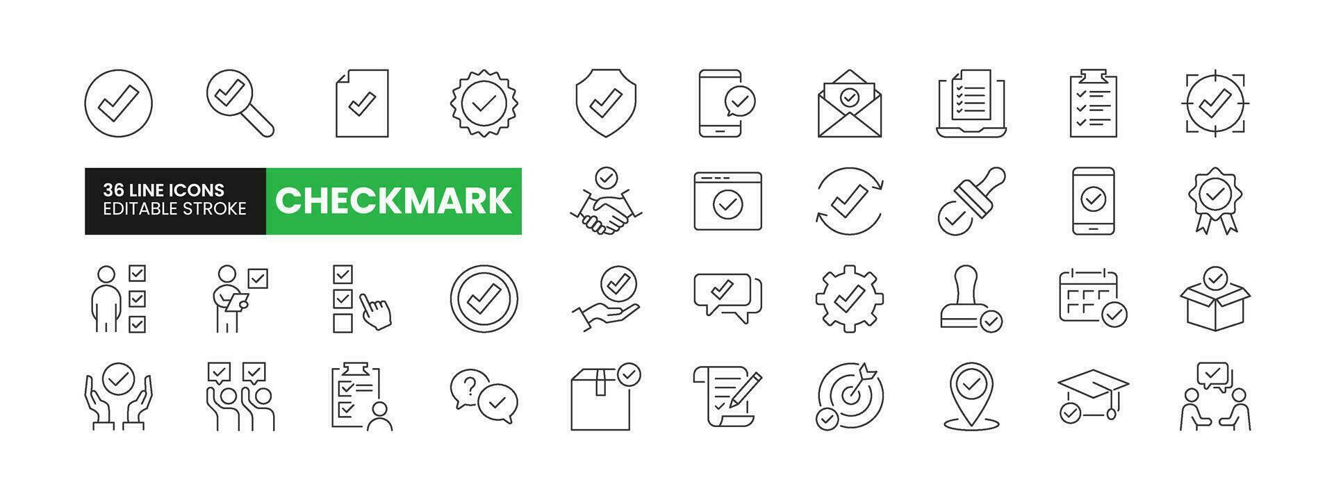 Set of 36 Checkmark line icons set. Checkmark outline icons with editable stroke collection. Includes Approval, Survey, Goal, Education, Message, and More. vector