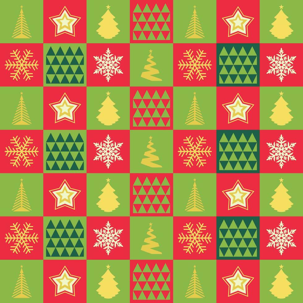 Bright Christmas Pattern with Christmas Tree, Star, Snowflakes, Triangles made in Red and Green Colors vector