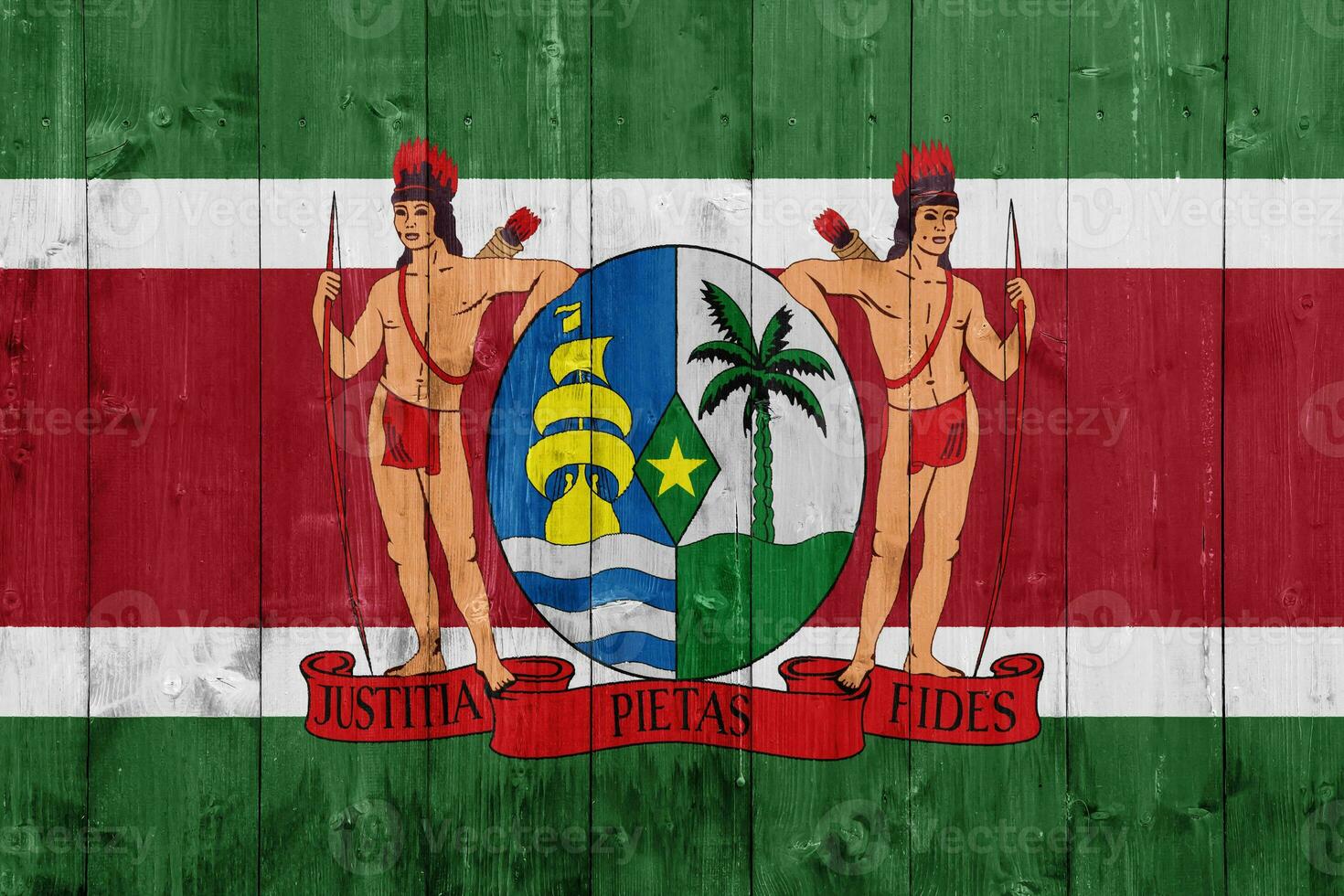 Flag and coat of arms of Republic of Suriname on a textured background. Concept collage. photo