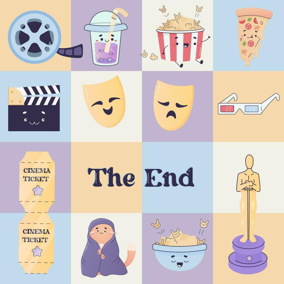 Seamless pattern cozy movie watching, with pizza, popcorn vector
