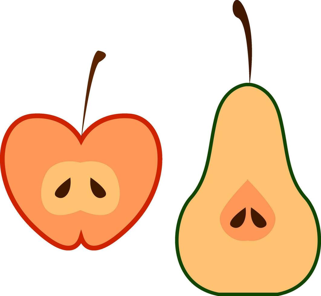 a la mitad manzana y Pera dibujos animados frutas vector o color ilustración