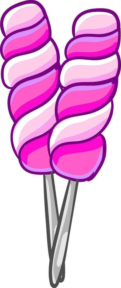 Two spiral-shaped pink-colored lollipops vector or color illustration