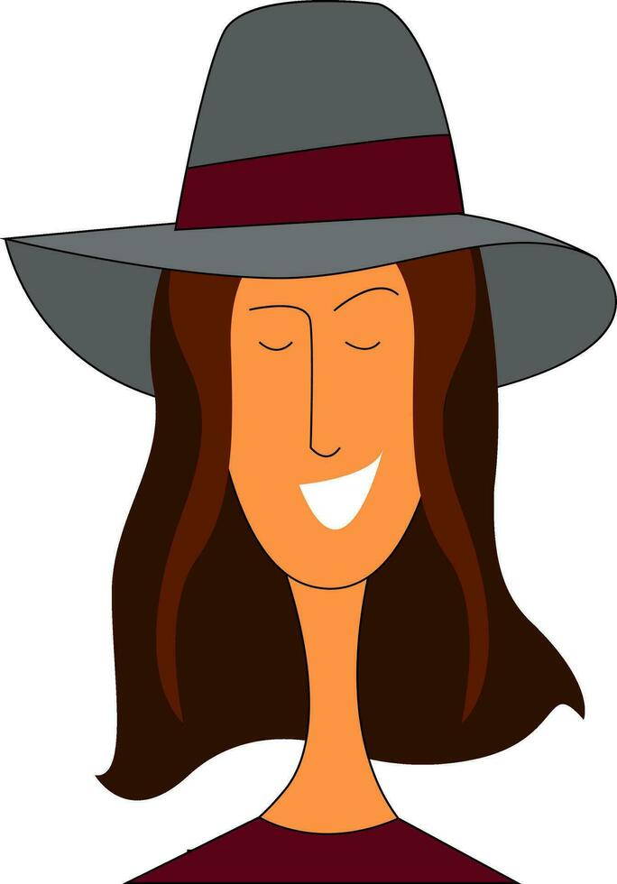 Smiling girl in a big  grey hat with purple ribbon  vector illustration on white background