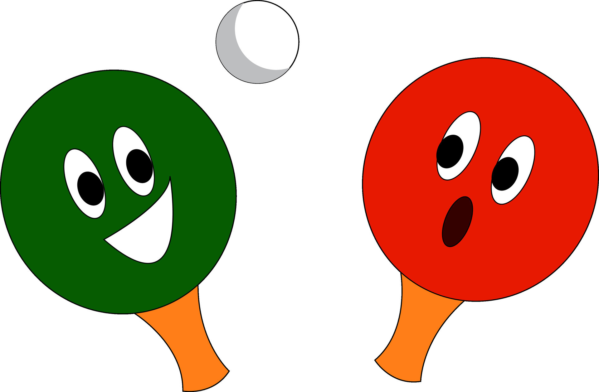 A red and a green table tennis rackets and a white ping pong ball ...