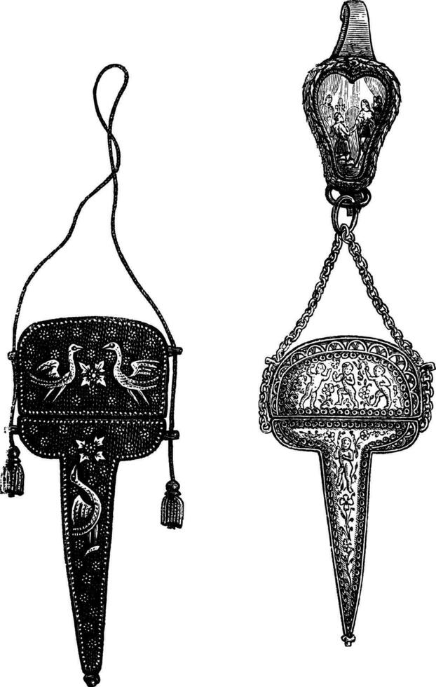 Cases of a scissors sixteenth and seventeenth centuries. Collection of M. Achille Jubinal, vintage engraving. vector