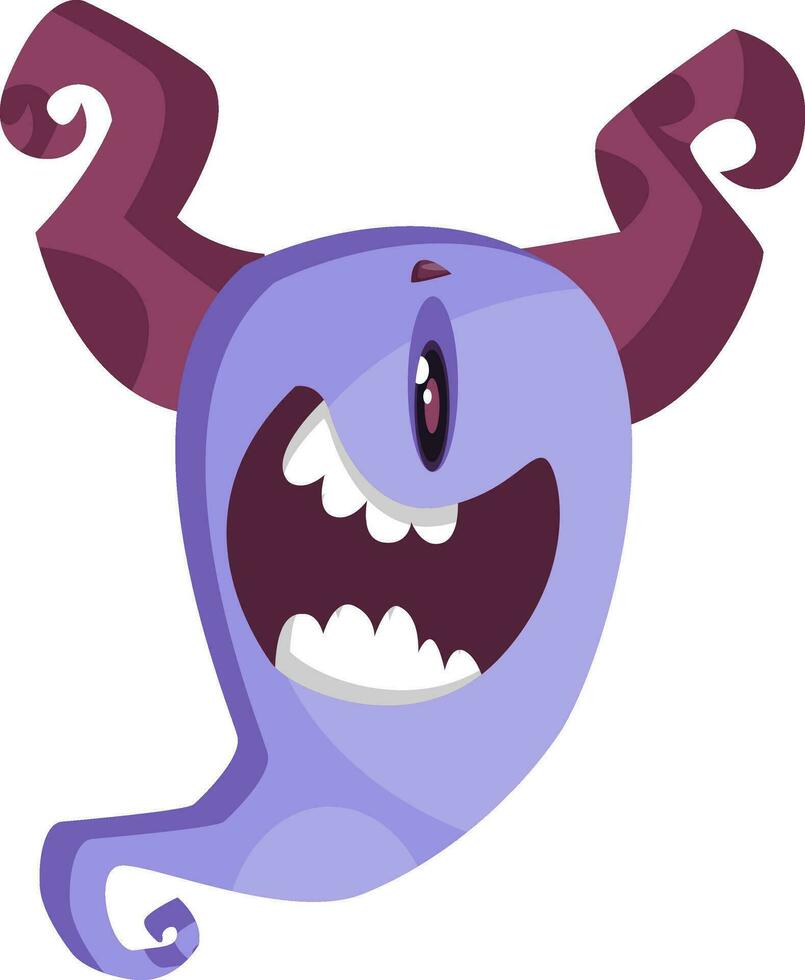 One-eyed purple cartoon monster with horns smiling white background vector illustration.