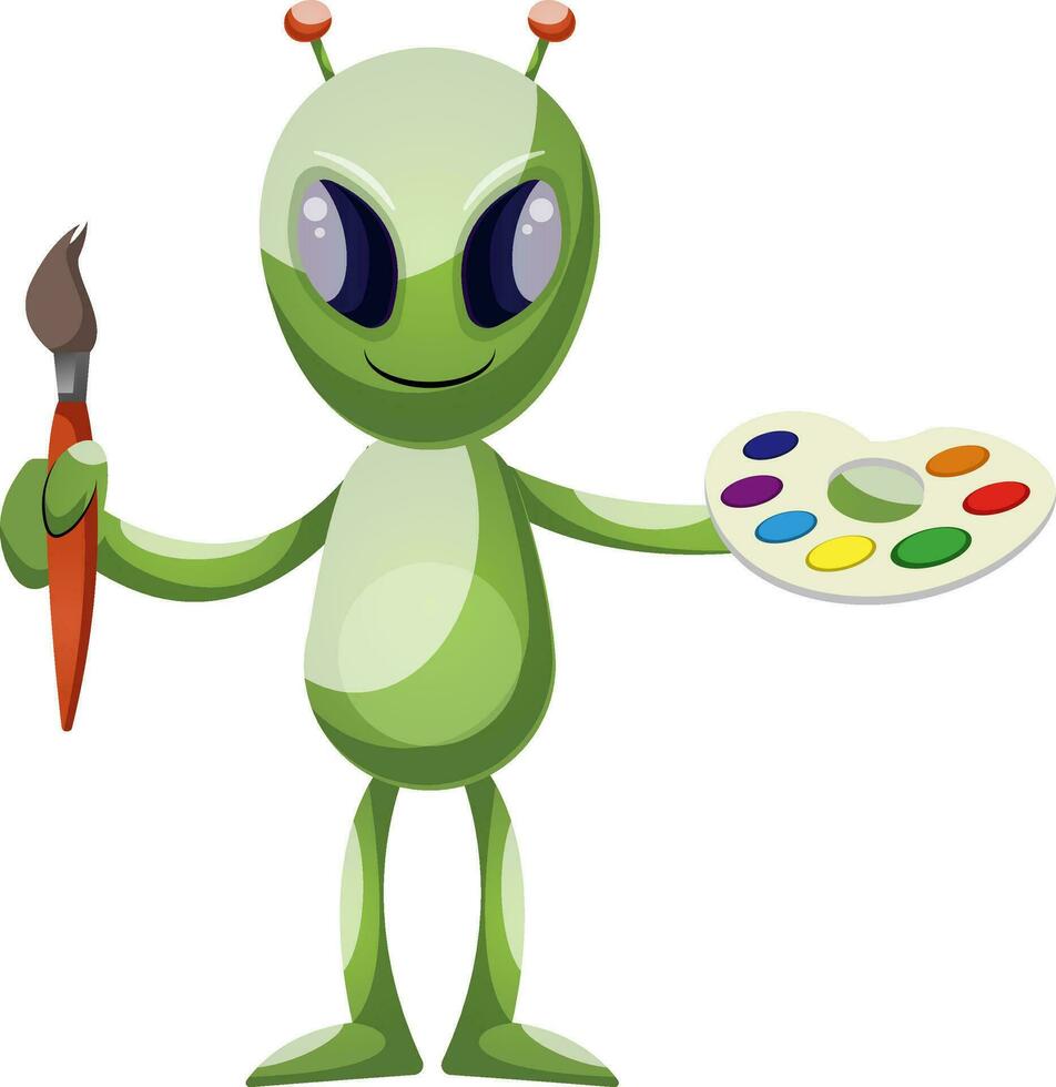 Alien with paintbrush, illustration, vector on white background.