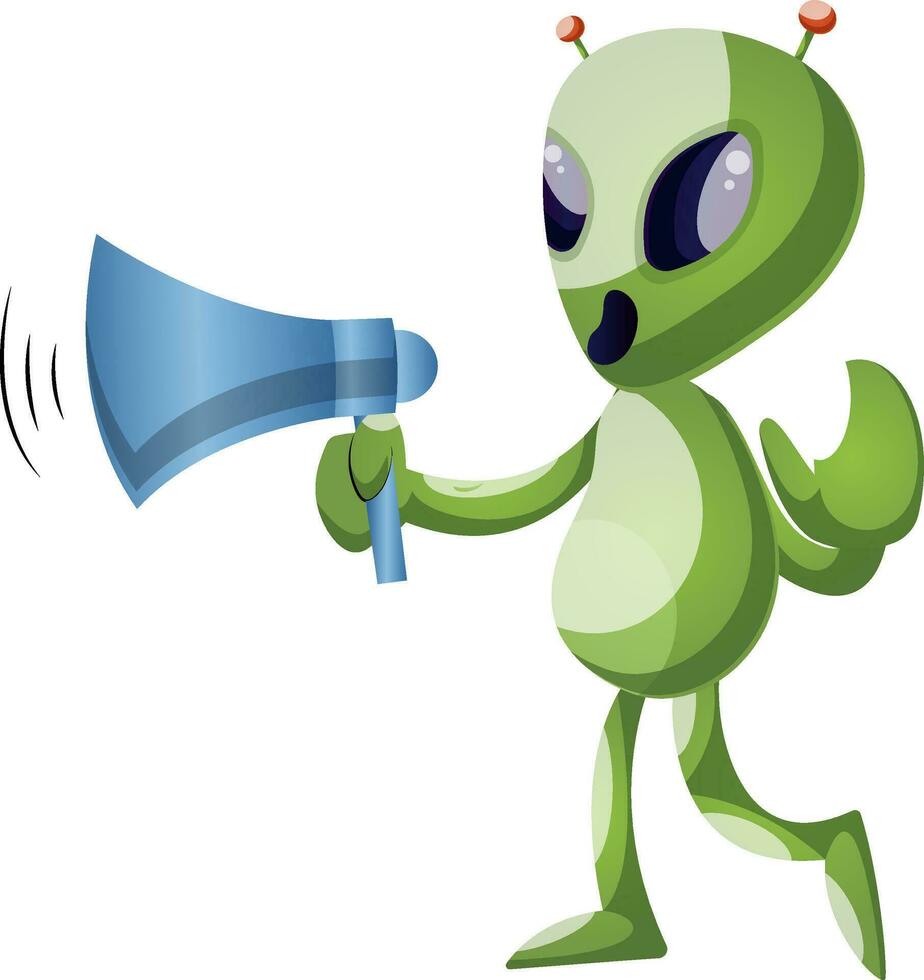 Alien with megaphone, illustration, vector on white background.