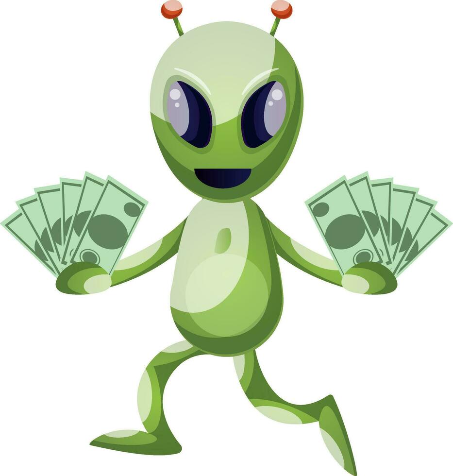Alien with money, illustration, vector on white background.