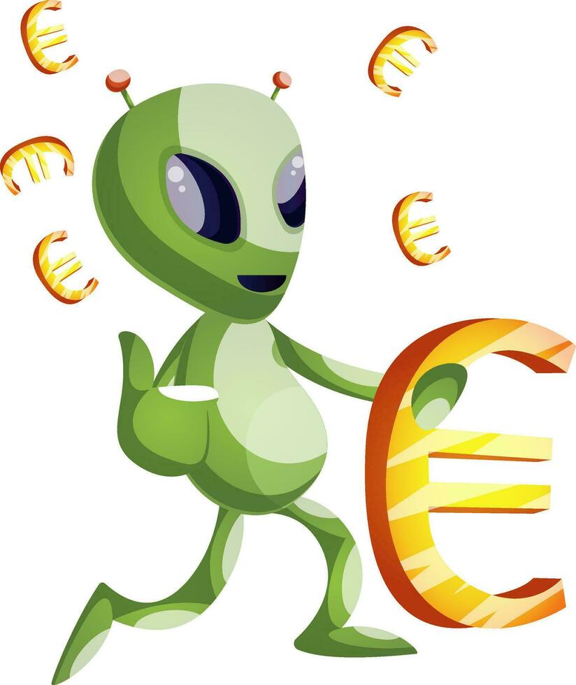 Alien with euro sign, illustration, vector on white background.