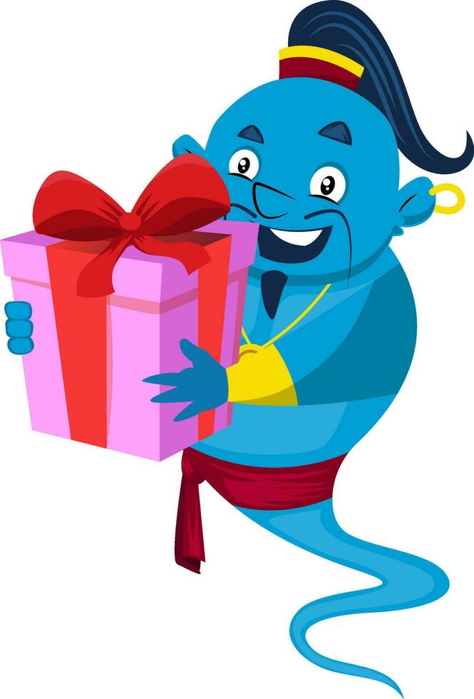Genie with birthday present, illustration, vector on white background.