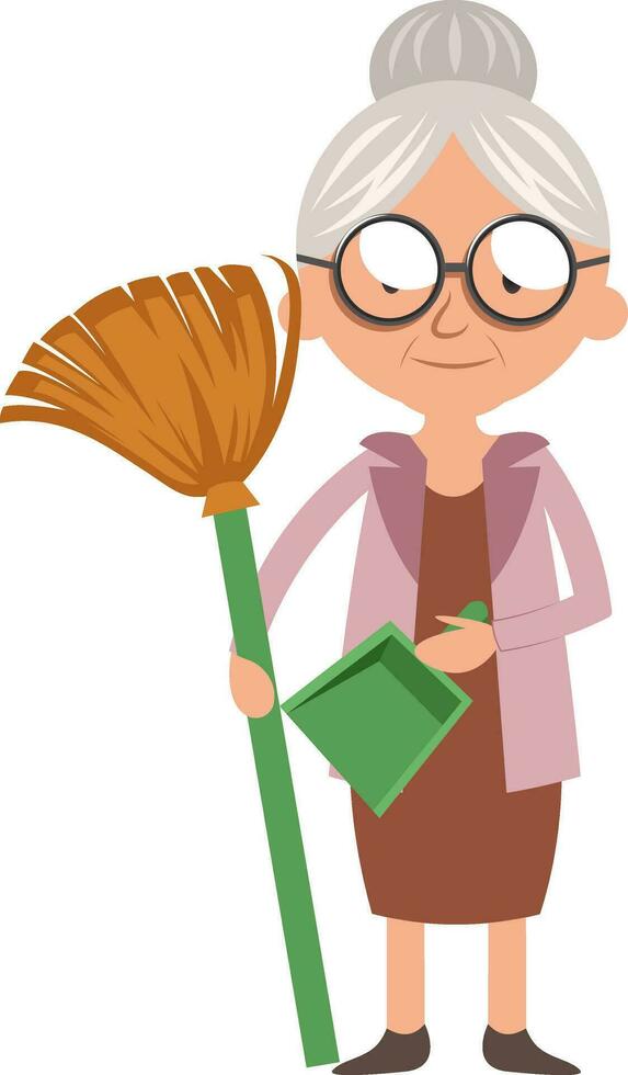 Granny with dust pan, illustration, vector on white background.