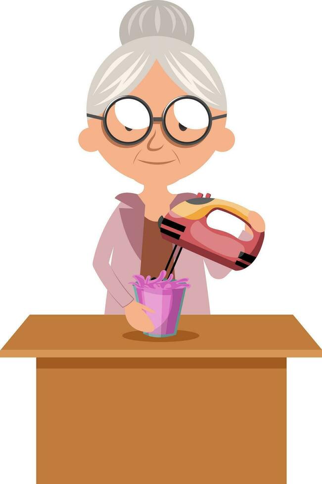Granny mixing, illustration, vector on white background.