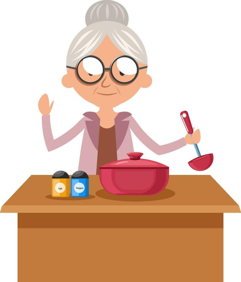 Granny cocinando, ilustración, vector sobre fondo blanco.