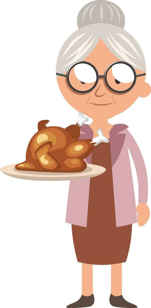 Granny with roast chicken, illustration, vector on white background.