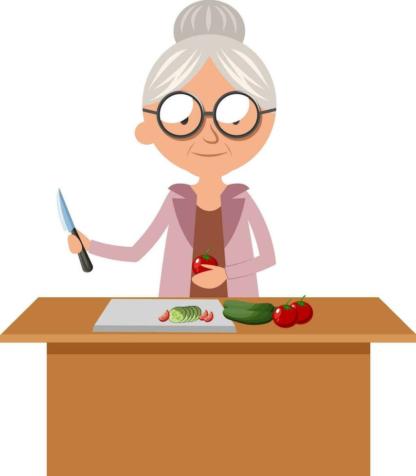 Granny cutting food, illustration, vector on white background.