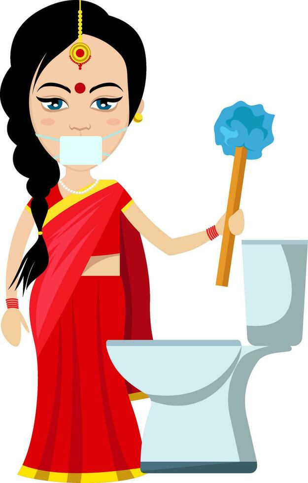 Mujer india limpieza wc, ilustración, vector sobre fondo blanco.