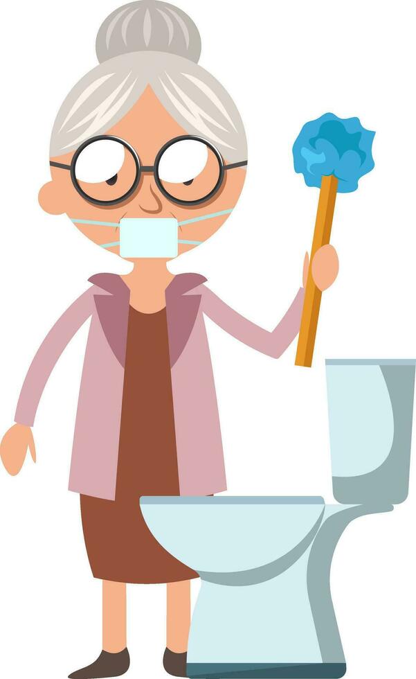 Granny cleans WC, illustration, vector on white background.
