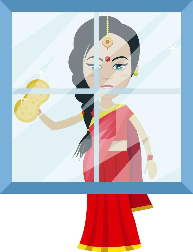 mujer india limpiando la ventana, ilustración, vector sobre fondo blanco.