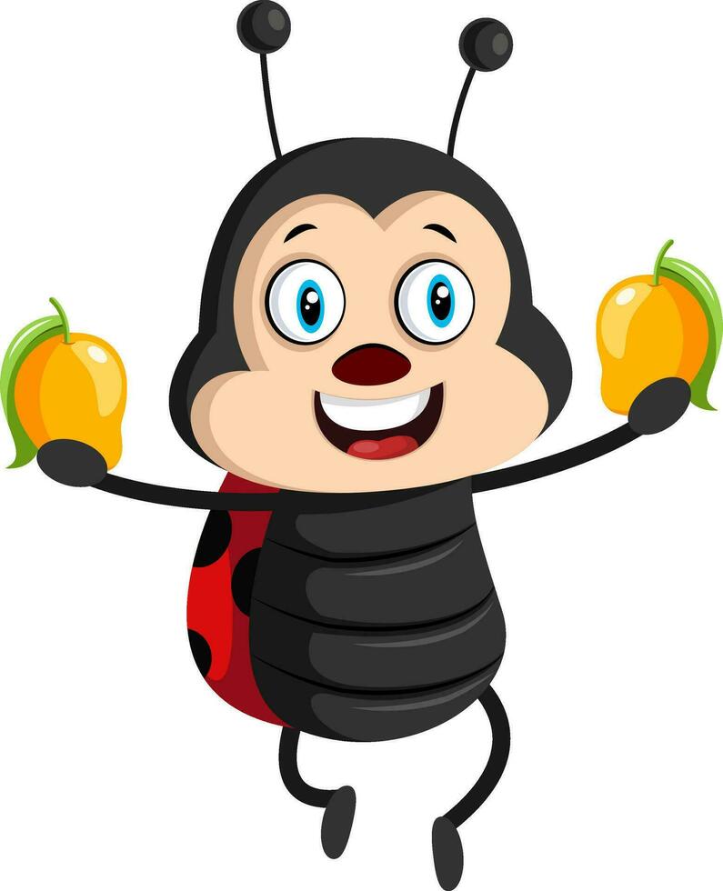 Lady bug con mangos, ilustración, vector sobre fondo blanco.