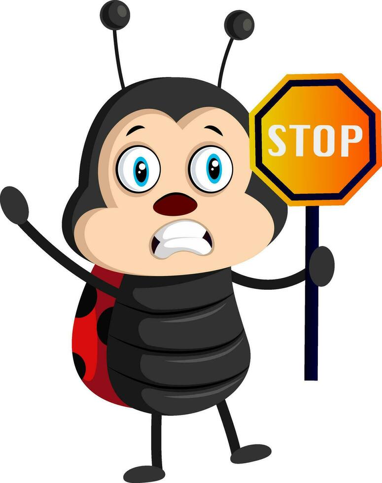 Lady bug with stop sign, illustration, vector on white background.