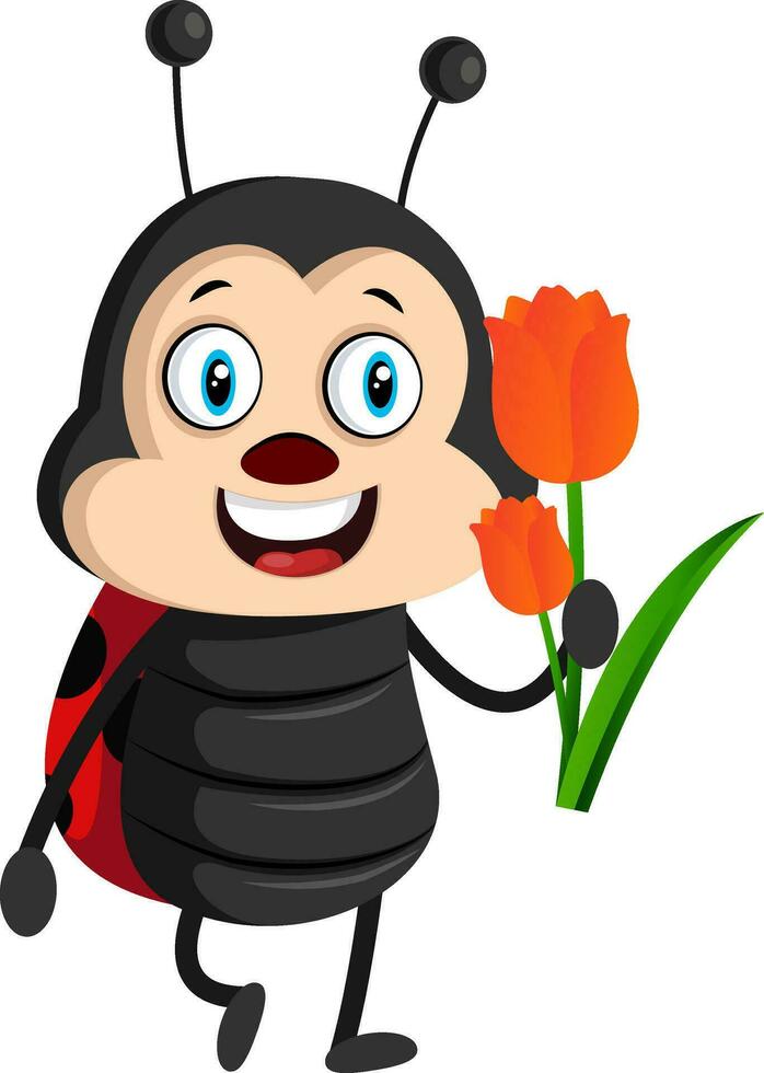 Lady bug con flor, ilustración, vector sobre fondo blanco.