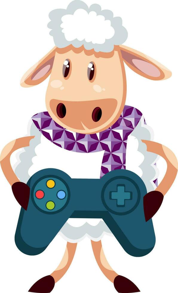 Sheep with gamepad, illustration, vector on white background.