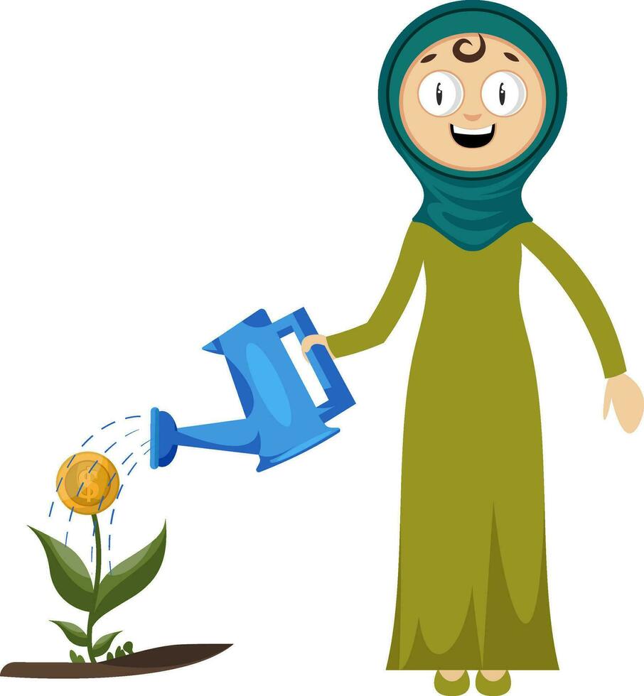 Woman watering plant, illustration, vector on white background.