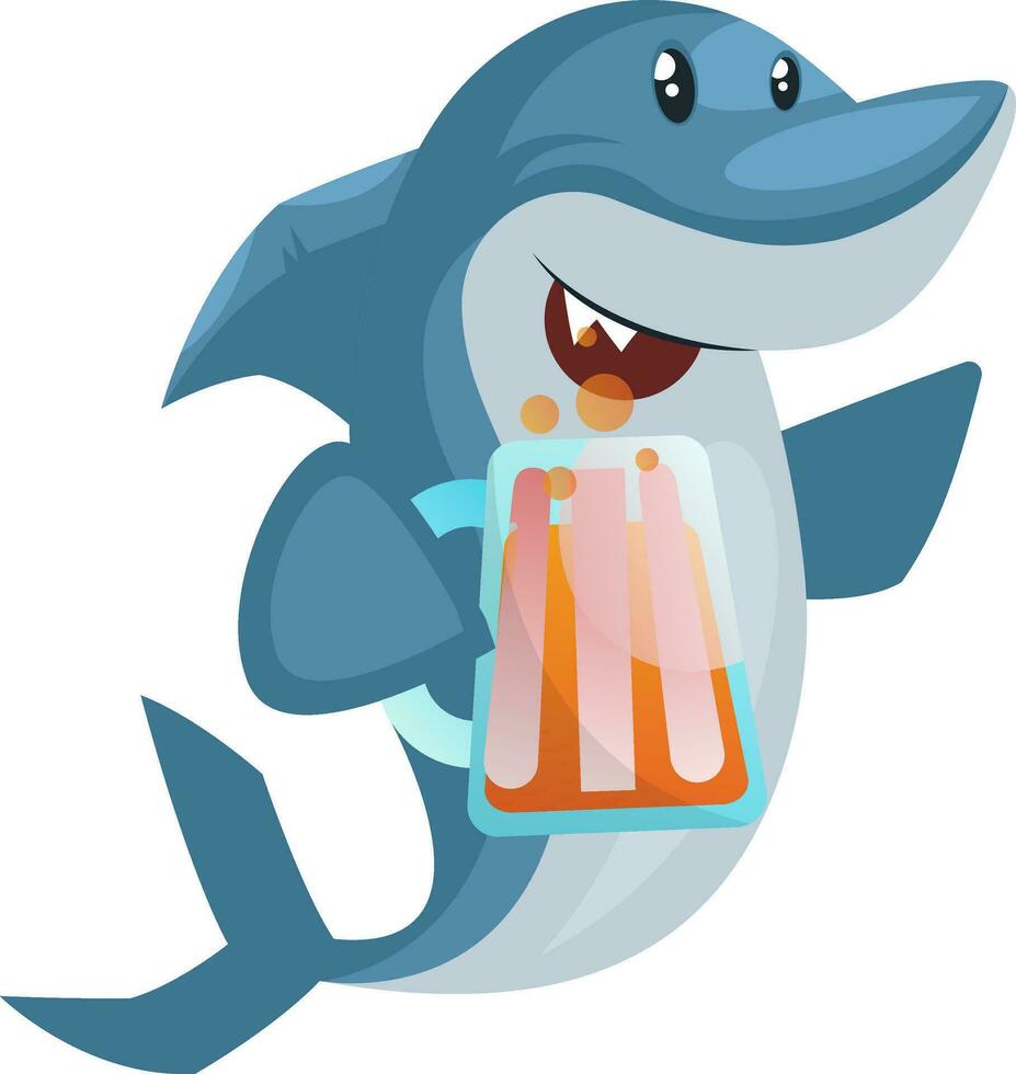 Shark with beer, illustration, vector on white background.