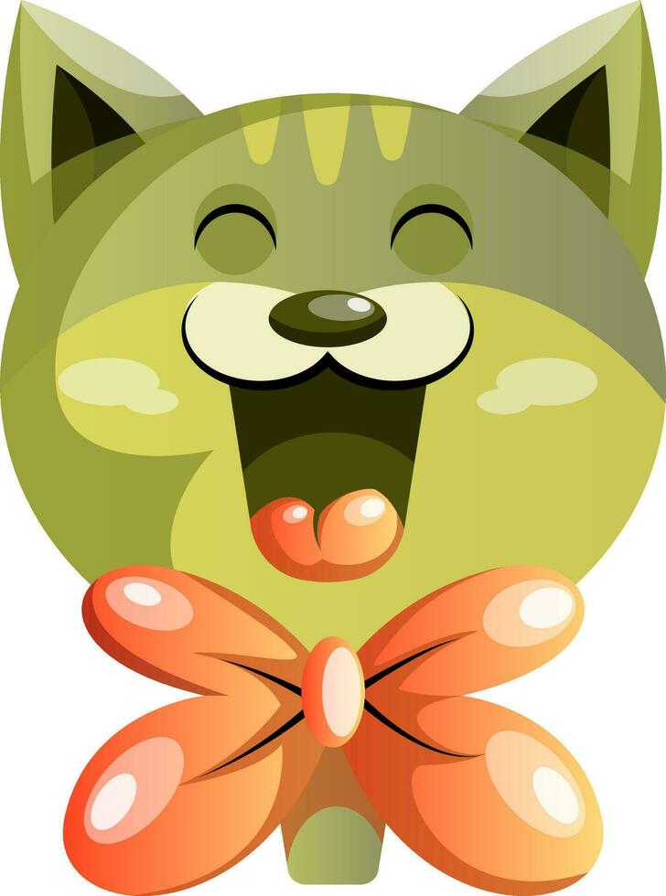 Happy green cat with orange bowtie vector illustartion on white background