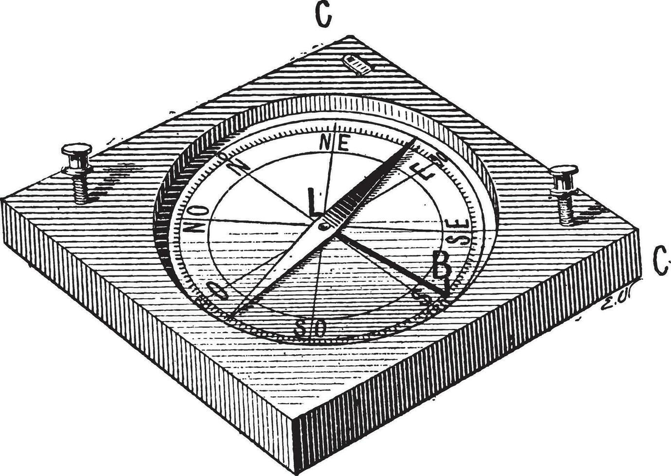 circunferenciante o del topógrafo Brújula, Clásico grabado vector