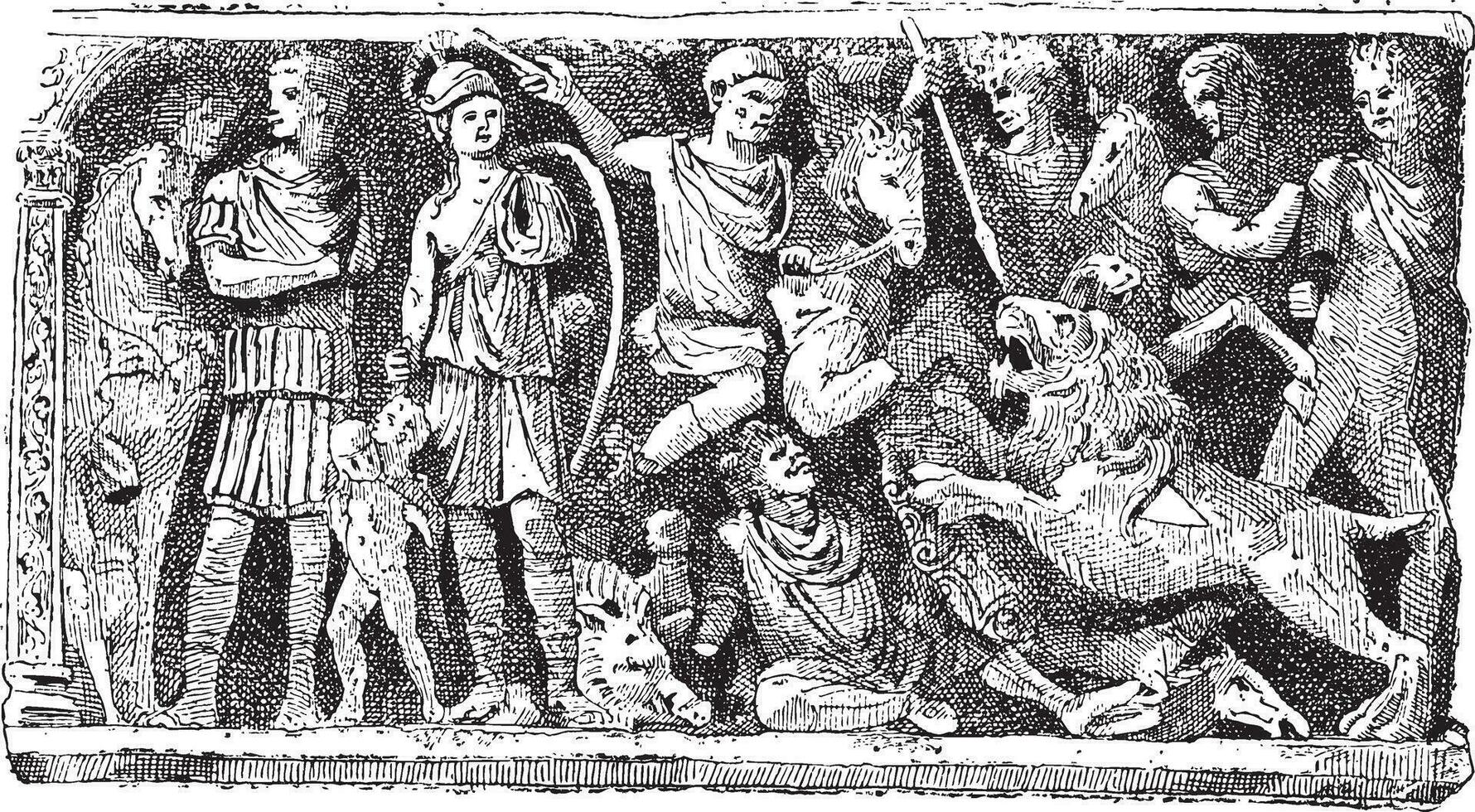 Bas-relief of a sarcophagus Jovin reims, vintage engraving. vector