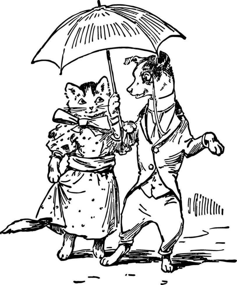 Dog  Cat Dressed with Umbrella, vintage illustration vector