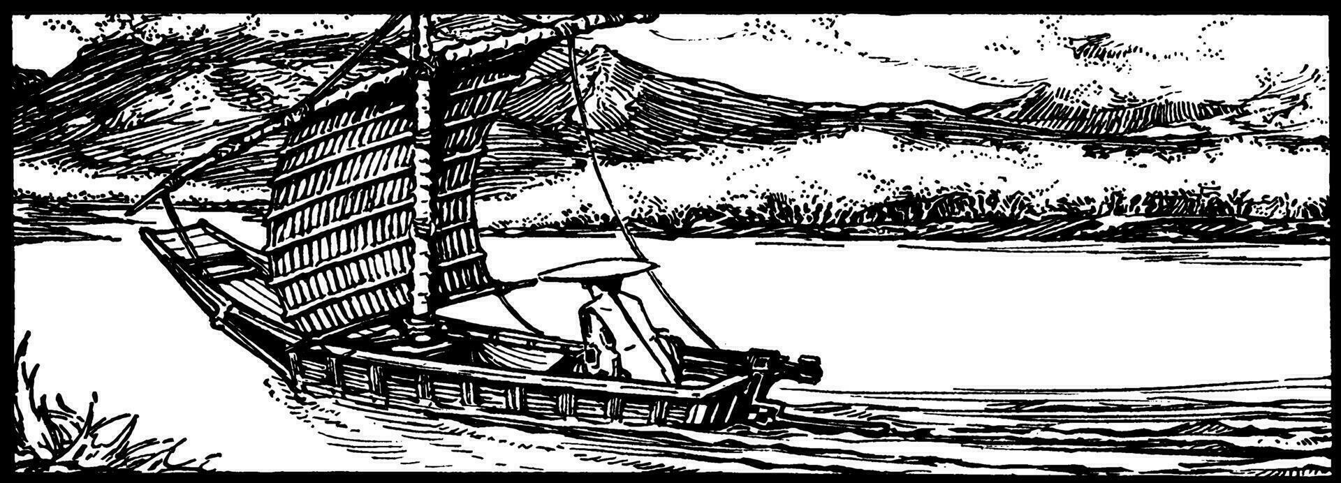 Chinese Sailboat, vintage illustration. vector
