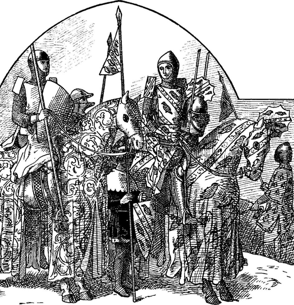 Knights and Noblemen on Horses Wearing Armor, vintage illustration vector