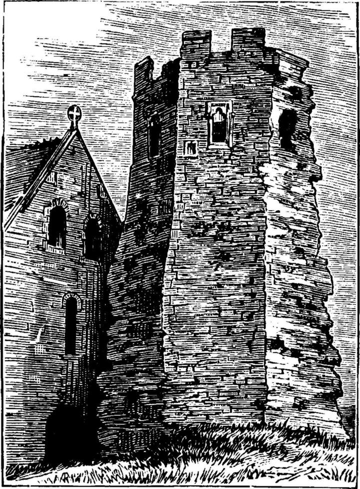 Roman Lighthouse and Part of St Mary Church Dover, vintage illustration. vector