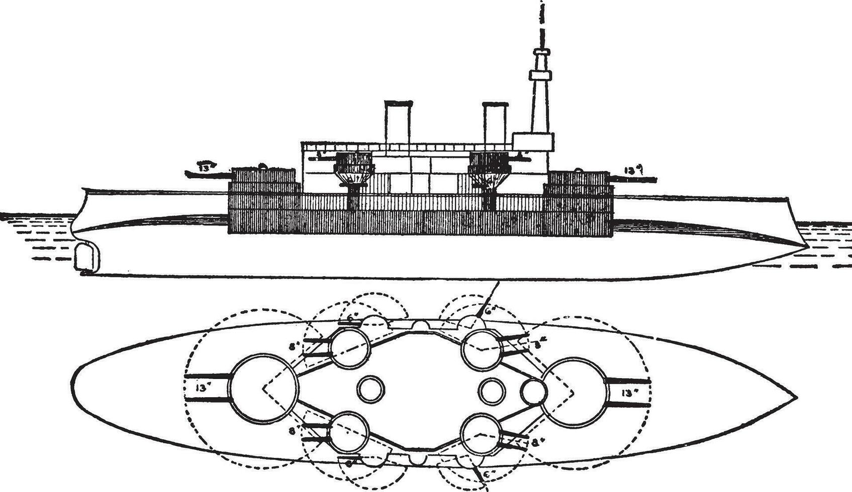 Battleship Massachusetts, vintage illustration. vector