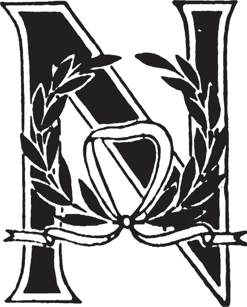 N, Floral initial, vintage illustration vector
