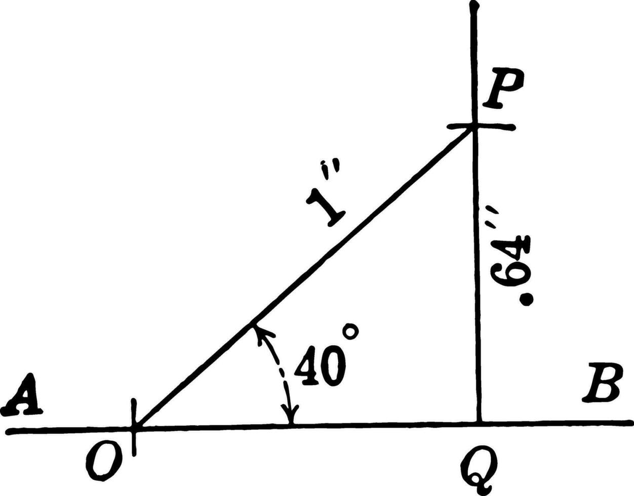 Derecha triángulo con lados .64 y 1 y ángulo de 40 grados Clásico ilustración. vector