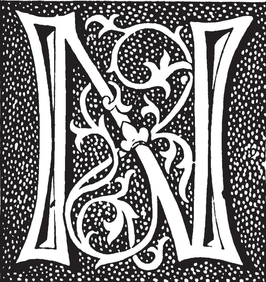 N, Ornate initial, vintage illustration vector