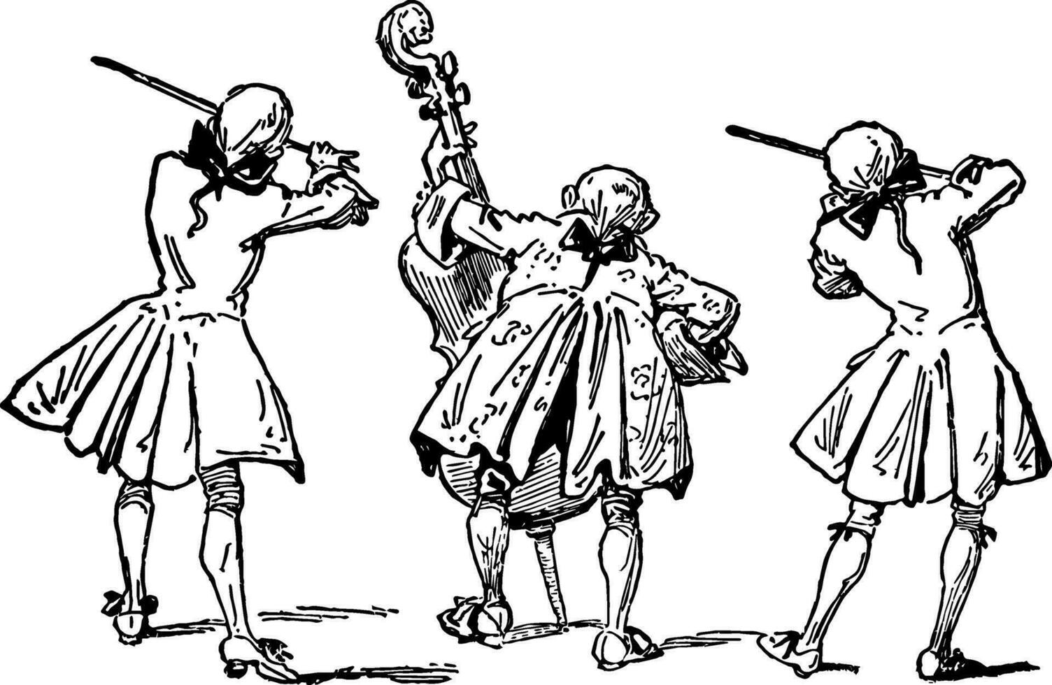 Three Men Playing String Instruments, vintage illustration. vector