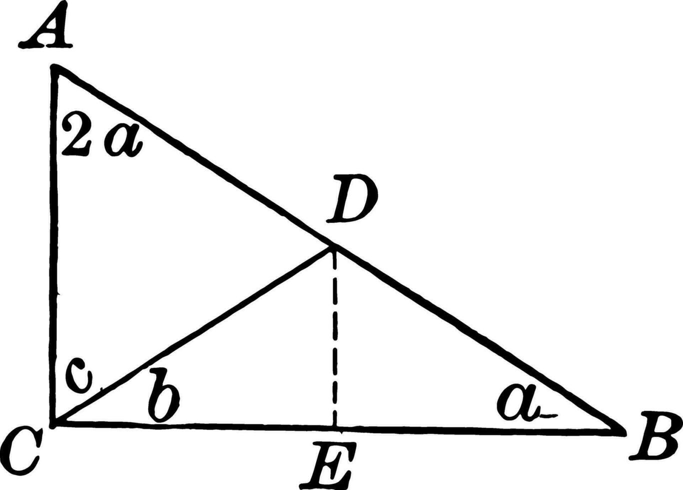 Right Triangle With One Angle Double the Other vintage illustration. vector