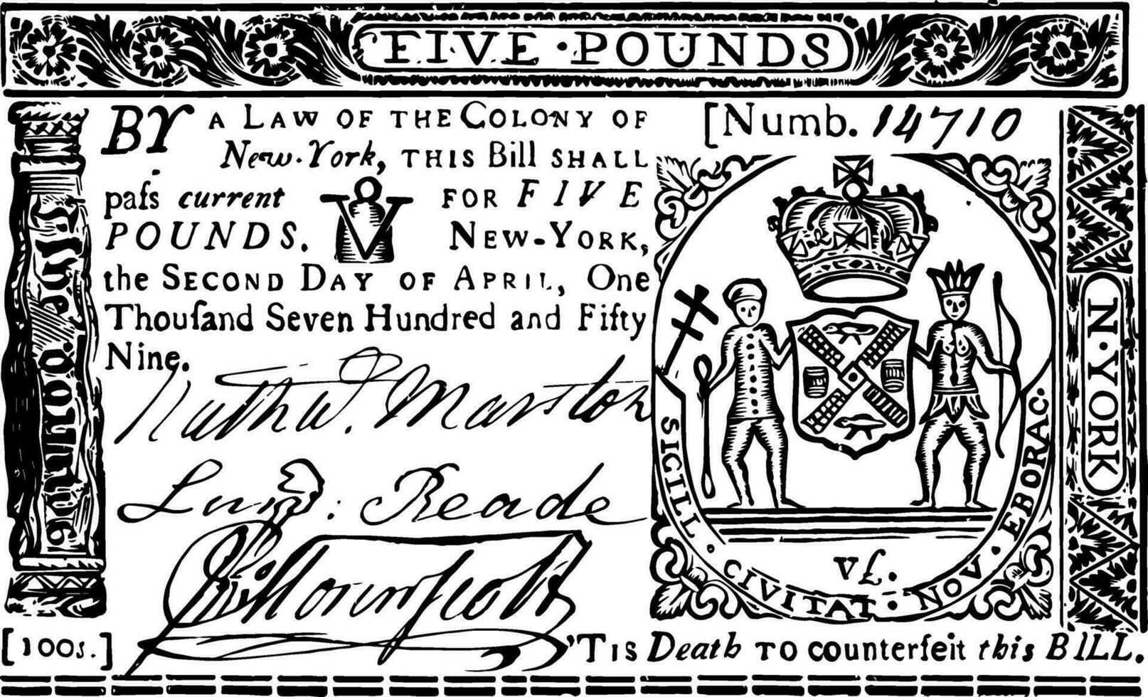 Paper Money, Five Pounds Bill, 1759 vintage illustration. vector