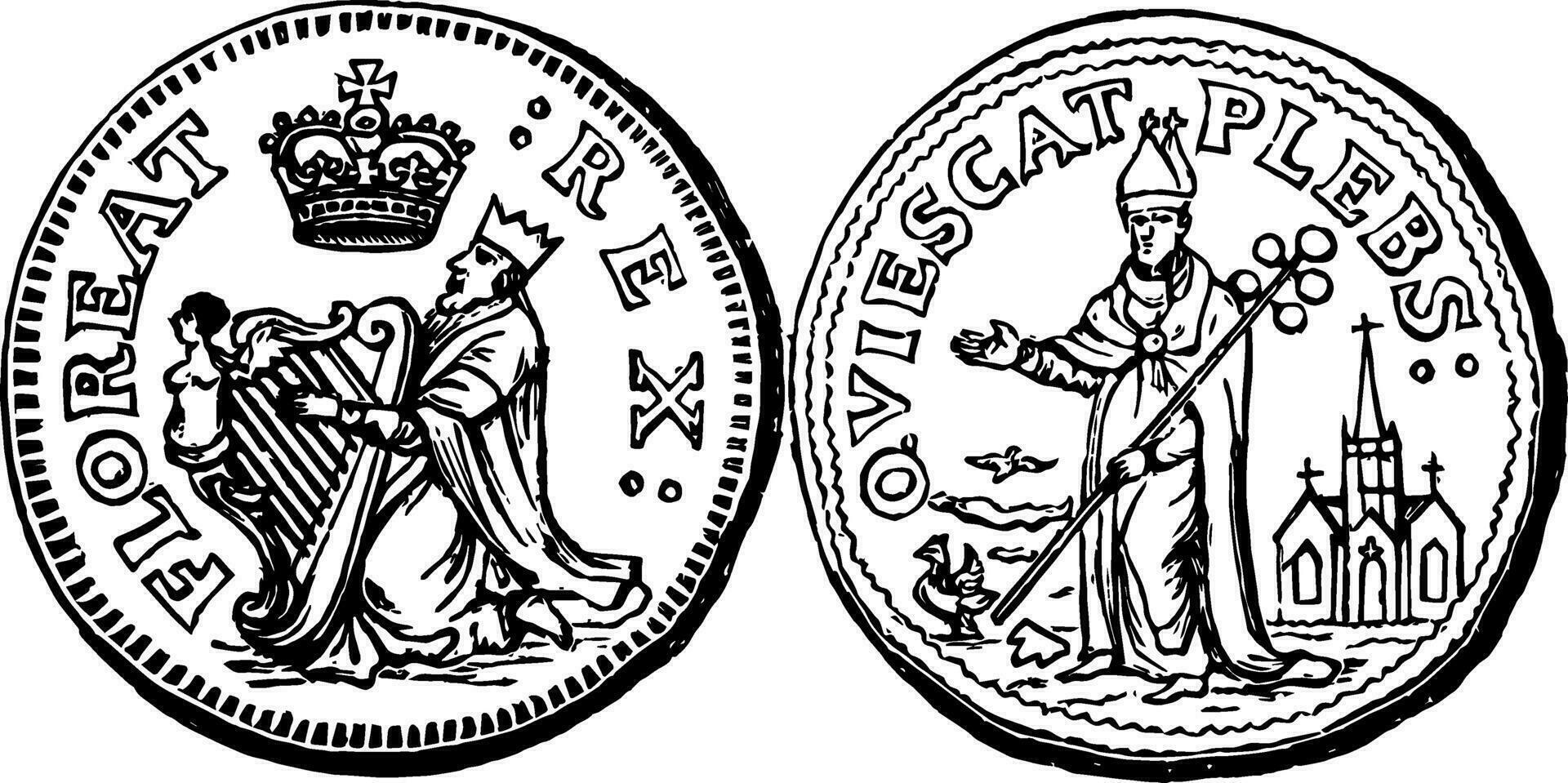 Copper Quarter Pence Coin, 1681 vintage illustration. vector