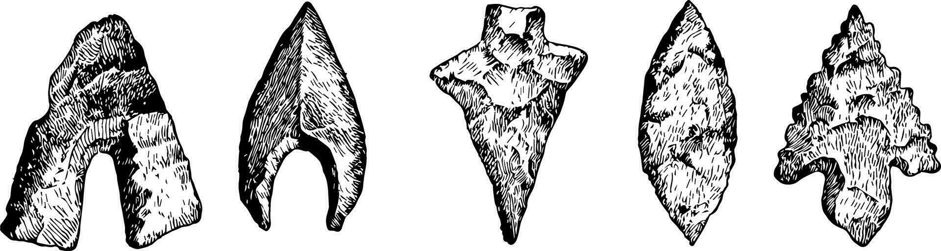 Arrowheads of the Stone Age vintage illustration. vector