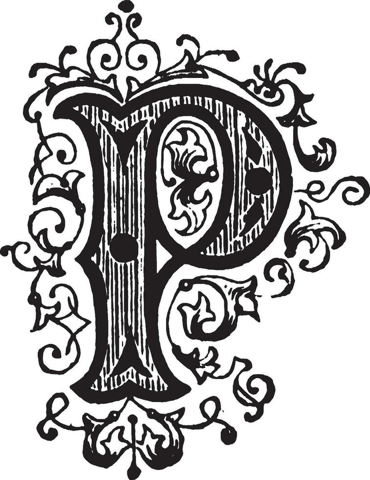 P, Ornamental letter, vintage illustration vector
