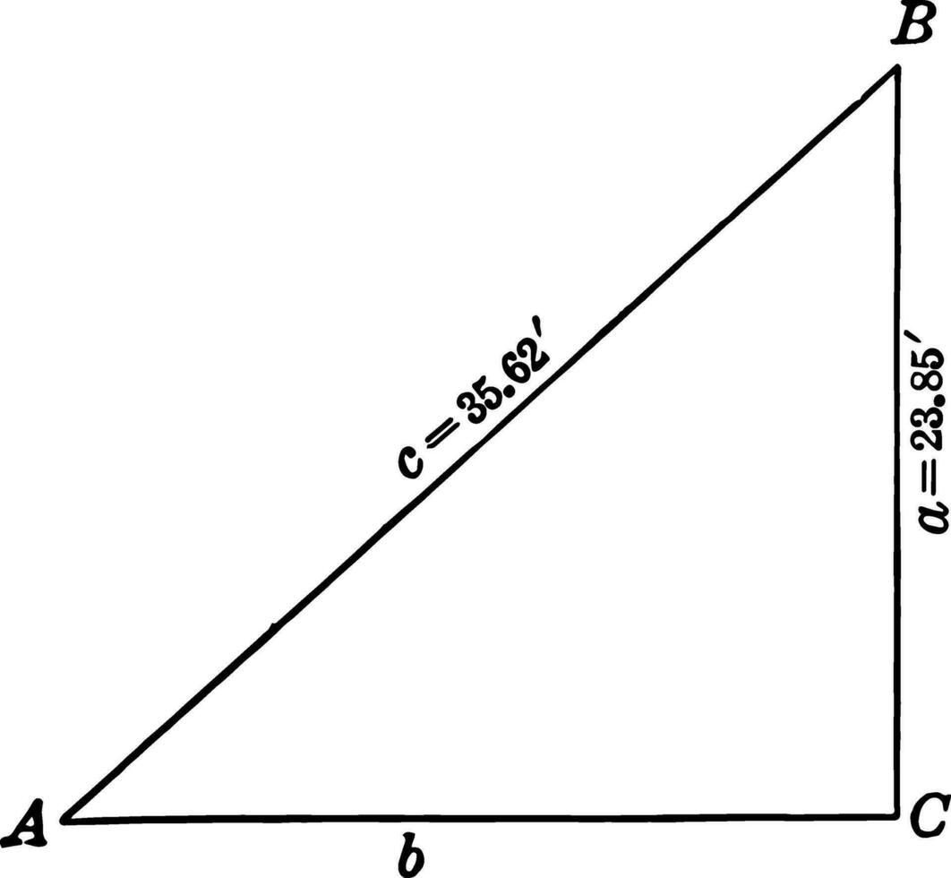 Derecha triángulo a B C con pierna 23,85 pie y hipotenusa 35,62 pie Clásico ilustración. vector