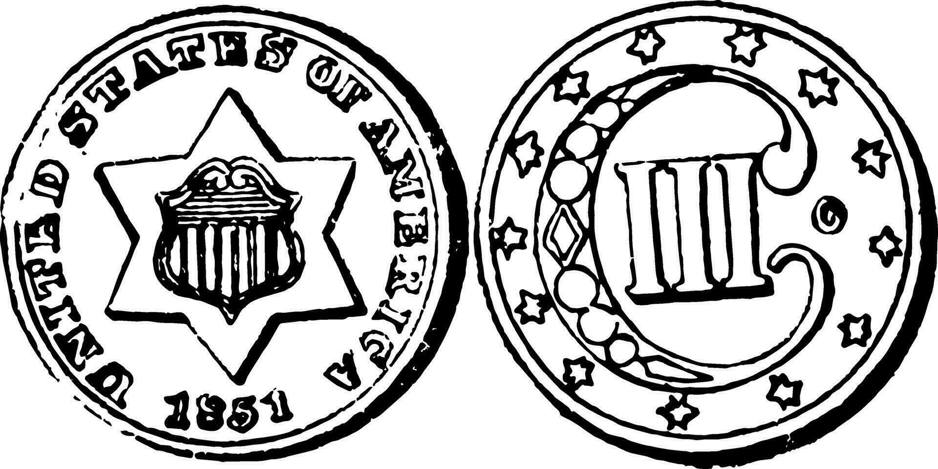 plata trime moneda, 1851 Clásico ilustración. vector